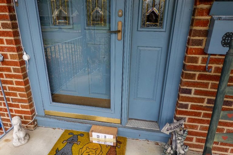 Package infront of a blue storm door, Should Storm Door Match Front Door Color?