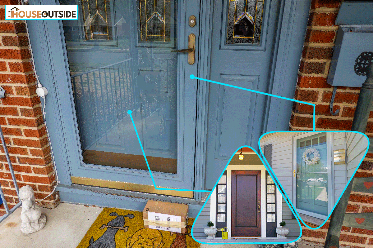 A package infront of a blue storm door, Should Storm Door Match Front Door Color?