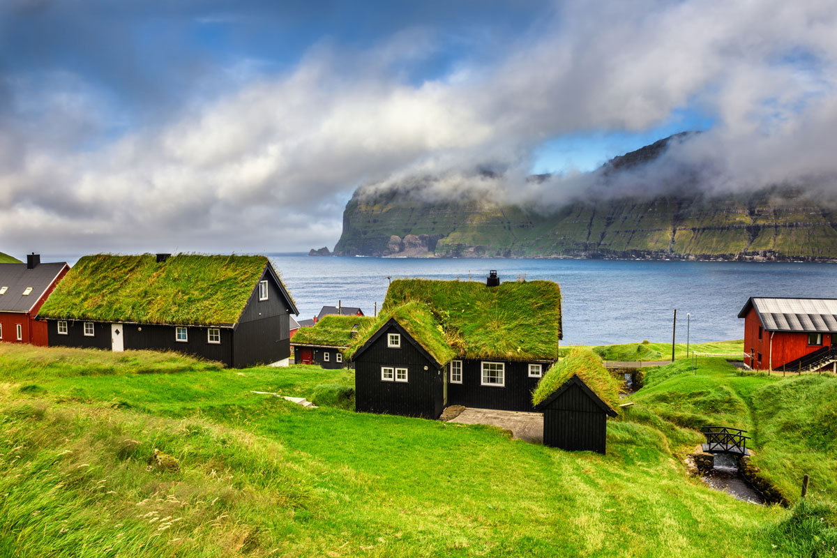 Sod roofing of small houses near a lake of Faroe Islands, Denmark