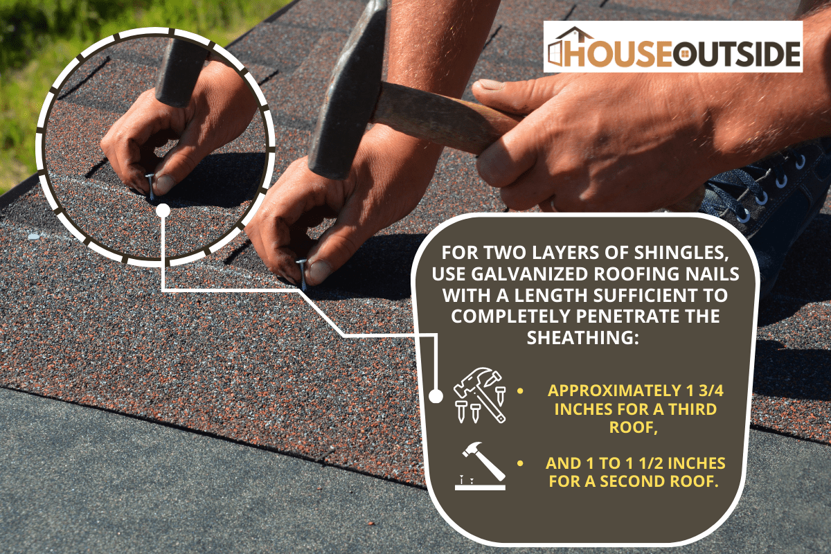 A close-up of asphalt shingles installation on the roof edge. A roofer is nailing asphalt shingles to the roof deck covered with roofing underlayment. Roofing construction.- What Size Roofing Nails For Two Layers Of Shingles?