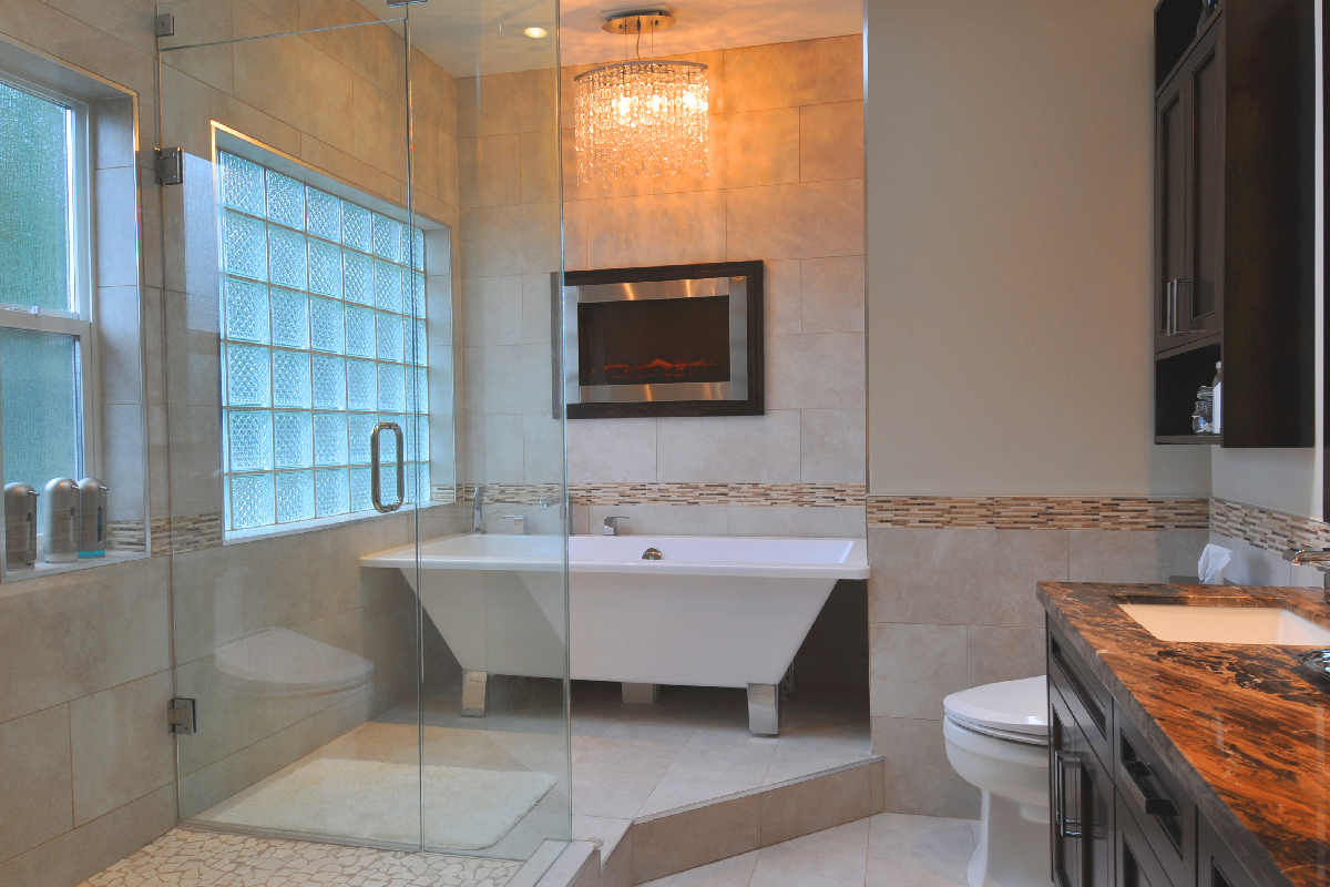 Luxurious bathroom with a marble tabletop
