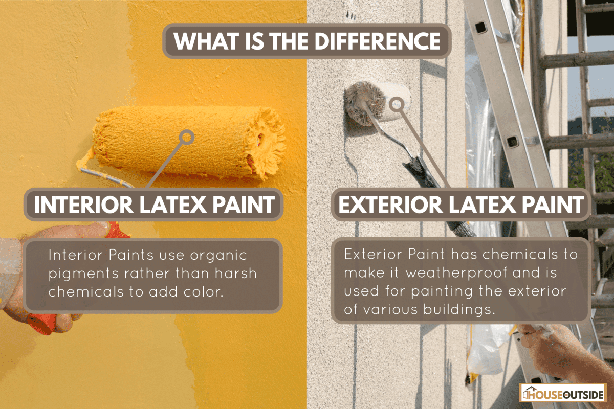 Collab photo of an interior and exterior paint, yellow interior paint, beige exterior paint, What Is The Difference Between Interior And Exterior Latex Paint?