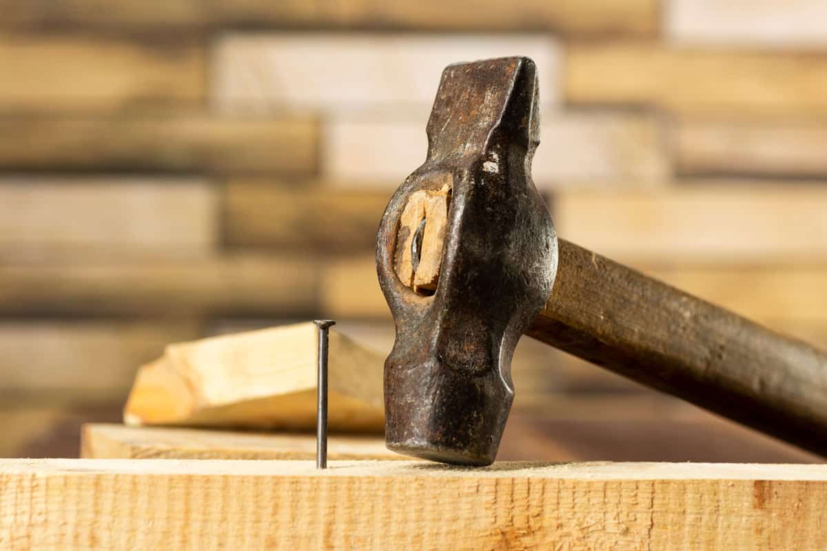 close up photo of a common nail and a nail hammer on the working desk, hammering the wood
