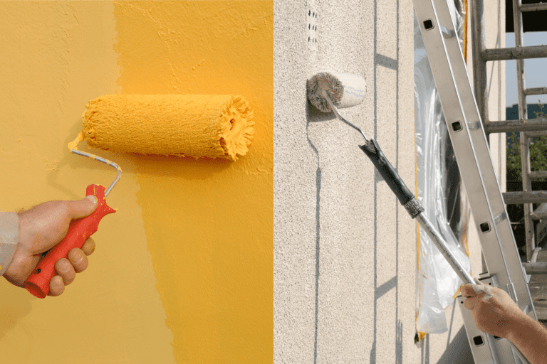 Collab photo of an interior and exterior paint, yellow interior paint, beige exterior paint, What Is The Difference Between Interior And Exterior Latex Paint?