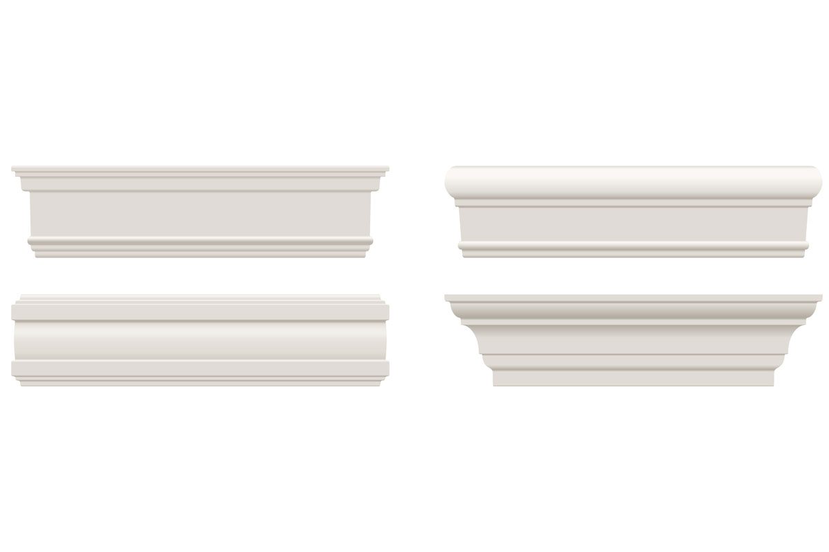 white painted moldings, four moldings, close up photo of a molding