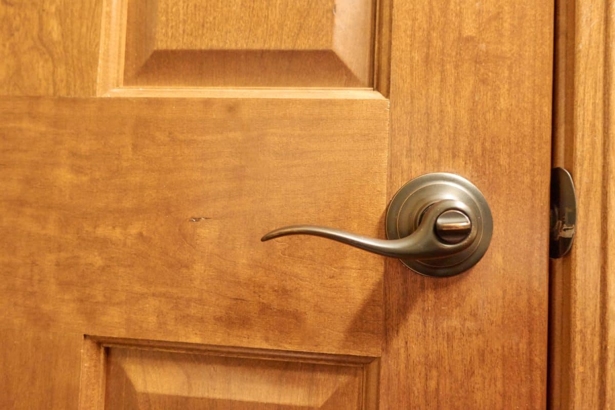 Bronze handle on dark wood panel door
