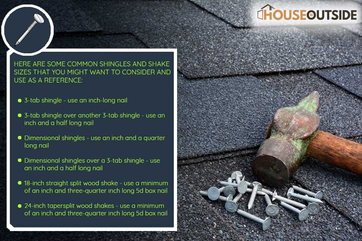 Close up view on asphalt roofing shingles background with hammer and nails, What Size Roofing Nails For 34 Plywood?