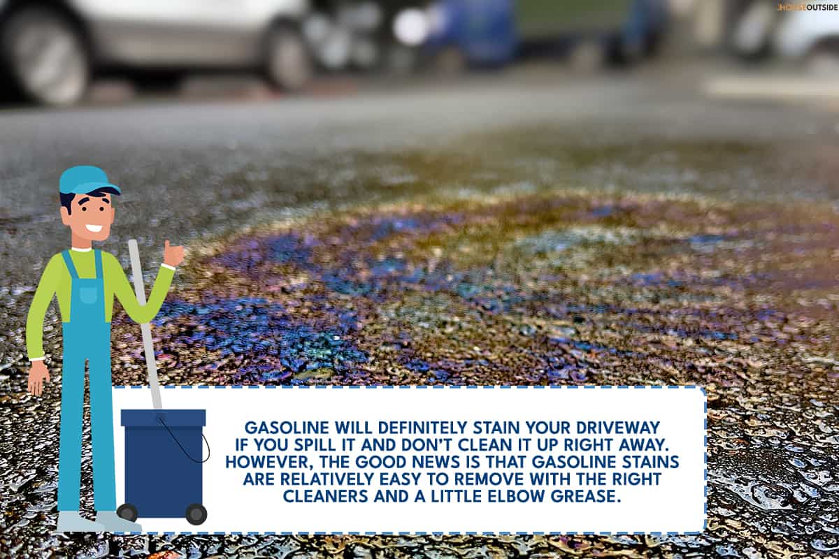 An oil spill on asphalt road with car on the background, Does Gas Stain Driveways?