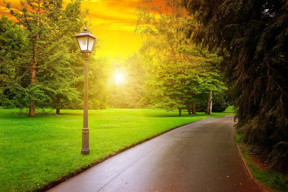 Why Does My Dusk To Dawn Light Stay On All Day? Scenic bright sunrise in park with pedestrian walkway and lantern