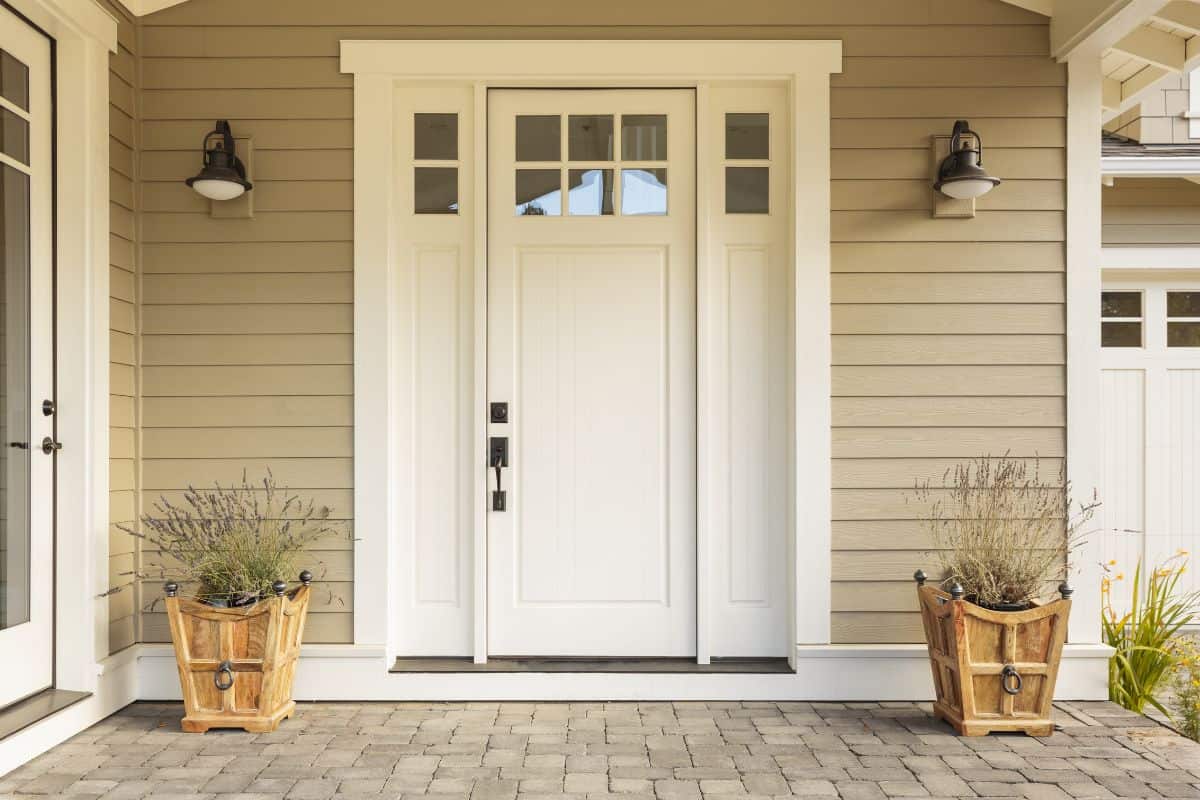 White front door with small square decorative windows and flower pots
