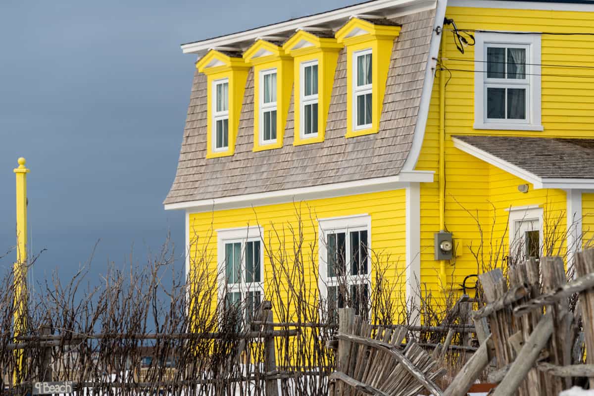 photo of a row-yellow-colored-window-dormers-white