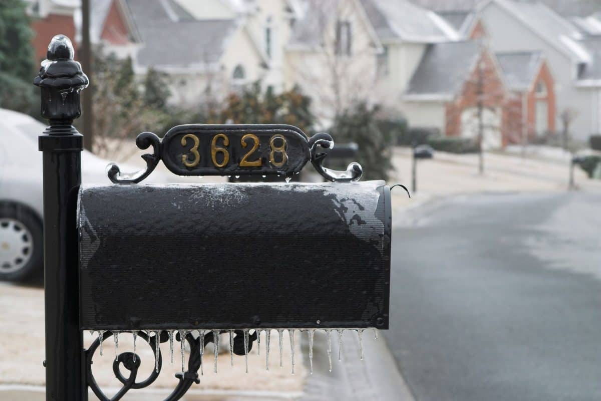 Frozen mailbox during ice storm

