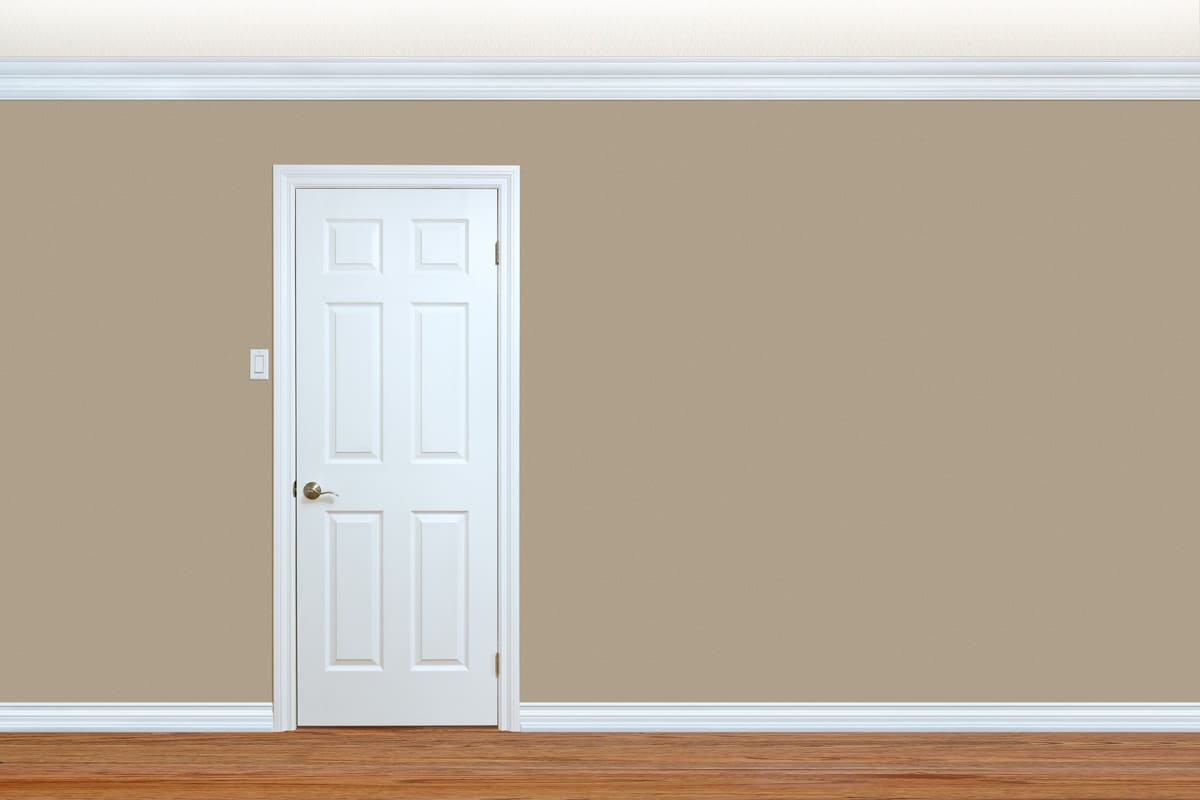 Bedroom wall with door, baseboard and crown molding with room for text